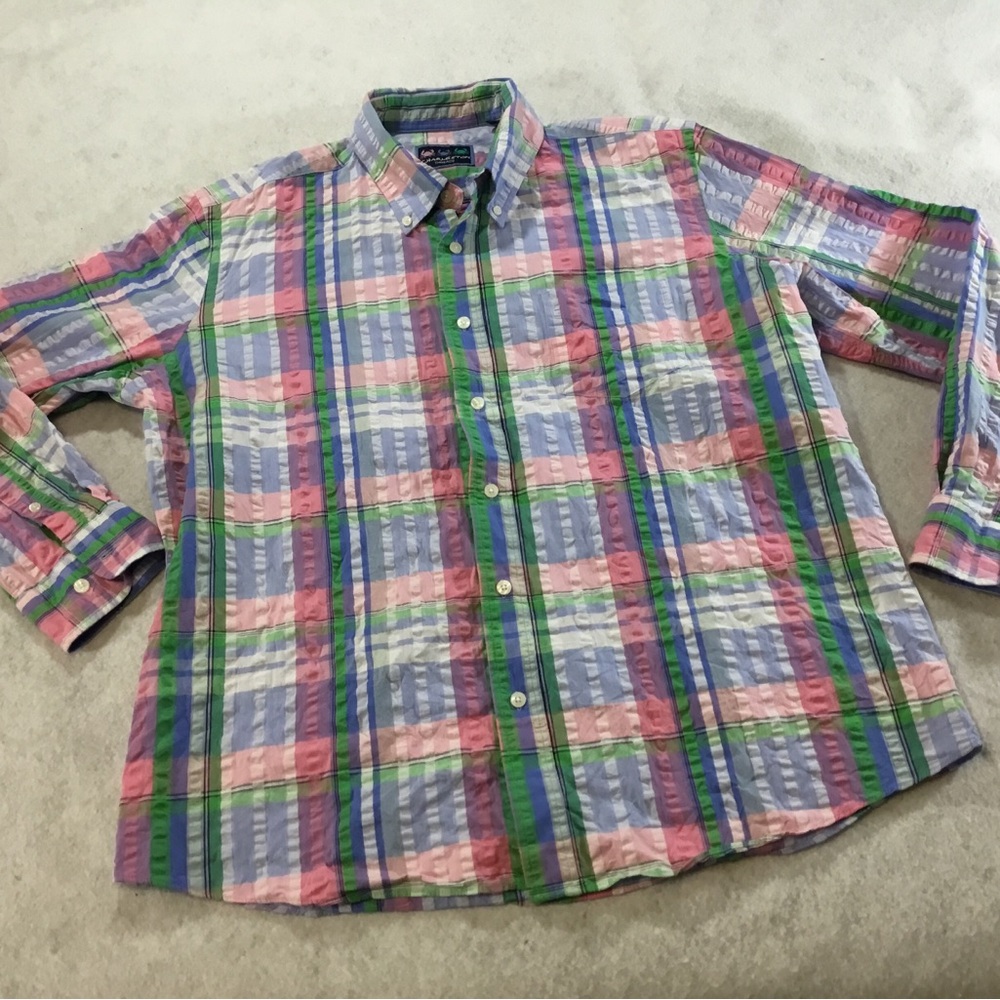 Men's Pastel Plaid Button-Down Shirt in Pink, Blue & Green